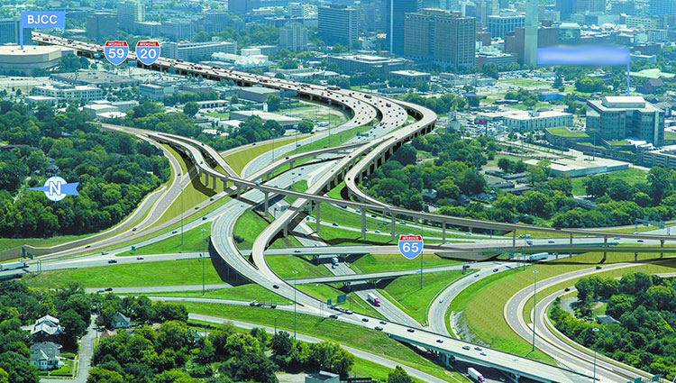 Projects: Aerial view of completed interstate highway interchange in Birmingham, AL